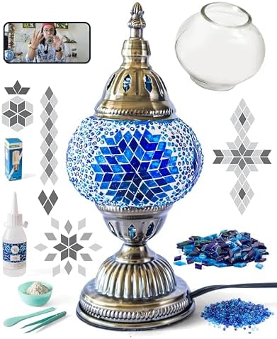 KRAFTSTORIES Turkish Mosaic Lamp Kit DIY Glass Decorative Table Bedside Night Light Tabletop for Living Room Bedroom | Make Your Own Lamp | Antique Bronze Base (Blue) by Kraftstories