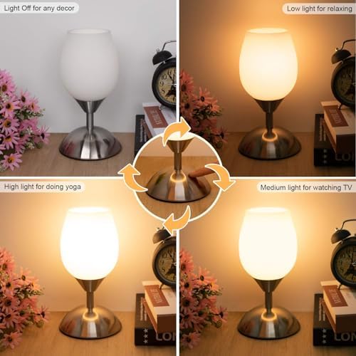 Small Touch Lamp for Bedroom Nightstand, 3-Way Dimmable Bedside Lamps Opal Glass Desk Lamp Silver Base, Tiny Table Lamp for Small Spaces Ambient Lighting for Living Room, E12 Bulb Included - Image 4