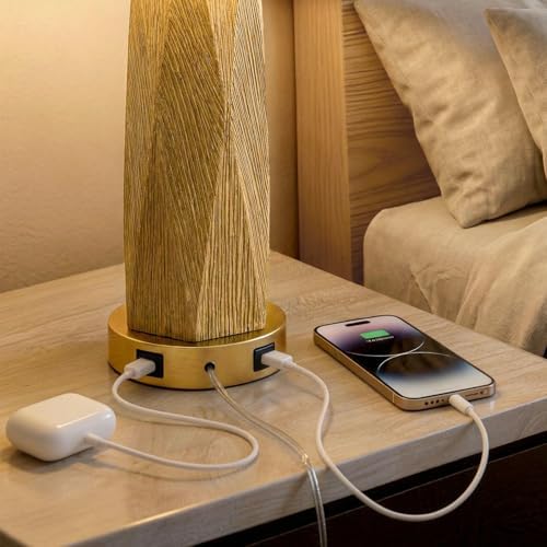 BOBOMOMO 27.5" Gold Table Lamps Set of 2 with USB-A & USB-C Charging Ports, Textured Resin Bedside Lamps with Linen Shade & Rotary Switch, Tall Nightstand Lamps for Bedroom, Living Room Office - Image 2