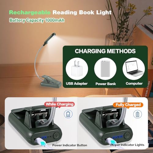 VAVOFO Rechargeable Book Light for Reading in Bed Kids, 7 LED Reading Light with 9-Level Warm Cool White Daylight, Eye Care Lamp with Power Indicator for Bookworms (Garden Green) - Image 4