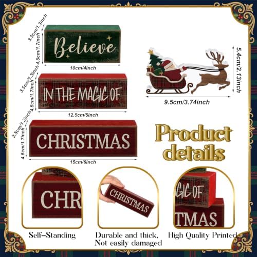 Moucuny 4 Pcs Tartan Plaid Christmas Table Decor, Santa Sleigh Wooden Signs - Image 2
