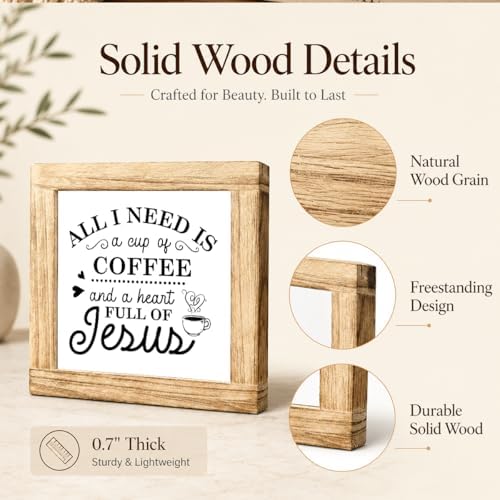 Christian Coffee Wood Sign, Cup Of Coffee And Heart Full Of Jesus Plaque, Faith Kitchen Counter Decor, Rustic Farmhouse Shelf Accent For Coffees Bar Prayer Room Gift, 5.9 x 5.9 in - Image 6