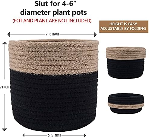 Woven Cotton Rope Plant Basket for 6" Pot H6 3/4" x W6 1/2" Black&Brown - Image 2