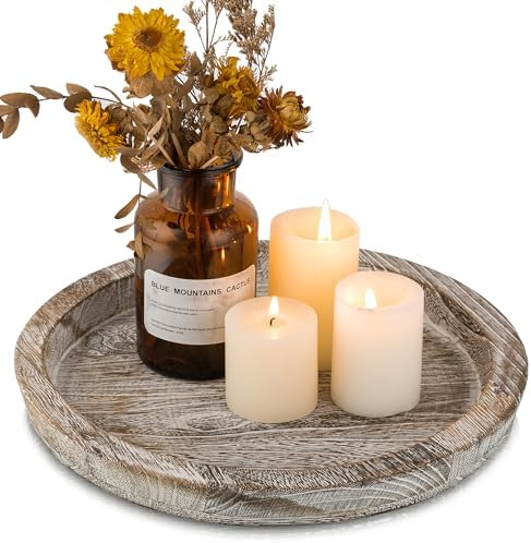 Hanobe Round Wood Candle Holder Tray, Rustic Coffee Table Centerpiece Decor by Hanobe