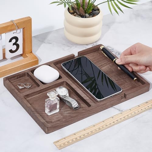 Wood Valet Tray for Men Women, Walnut Nightstand Organizer with Charging Station, Desk Drawer Organizer Tray Office Supplies, Desk Trays for Phone Watch Wallet Key Jewelry Catchall Trays - Image 3