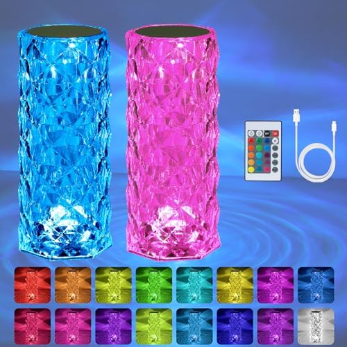 VoMii 2 Pack Crystal Lamp Touch, RGB 16 Colors Changing Night Light, Rechargeable Crystal Table Lamp Bedside Lamp, Cordless Rose Diamond Battery Night Light, for Bedroom/Party/Dinner/Decoration by vomii