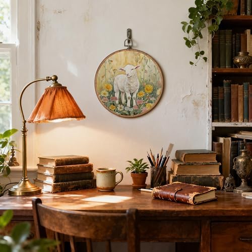 OFJE Spring Floral Lamb Wall Art Decor, Farmhouse Baby Sheep Nursery Round Wall Hanging Decor, Rustic Wildflower Animal Framed Canvas Prints for Nursery Kids Room Home Bedroom Decorations, 10x10 Inch - Image 3