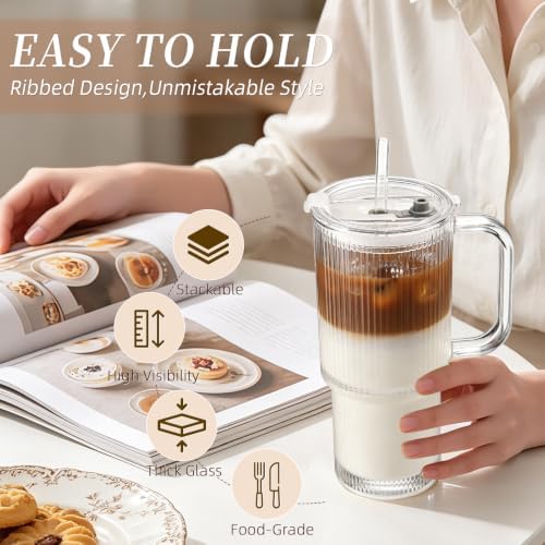 Iced Coffee Cups with Lids 2Pcs: Ribbed Glass Tumbler with Straw and Lid 24oz - Coffee Bar Accessories - Glass Cups and Tumblers with Lids and Straws - Tumbler Leak Proof - Coffee Tumbler with Handle - Image 3