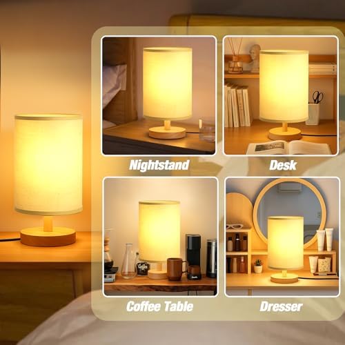 Desk Lamp LED Bulb Included, Small Bedside Table Lamp Plug-in - Classic Wood Base with Flaxen Fabric Shade, Lamps for Night Stands, Simple Nightstand Light for Bedroom, Office, Desk - Image 4