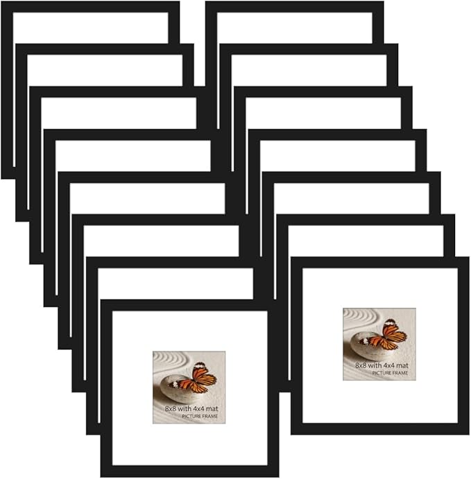 Memory Island 8x8 with 4x4 Photo Frames for Wall and Tabletop Display, 8 by 8 Black Picture Frames with HD Plexiglass, Set of 15