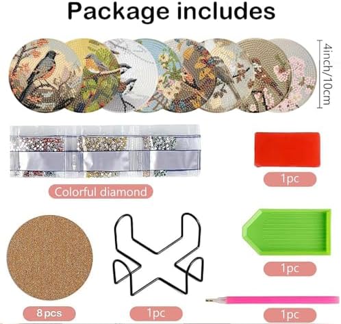 Clendo 8 PCS Bird Diamond Art Coaster Kits with Holder - Vintage Diamond Painting for Adults Beginners - 5D Gem Art Dots Paintings with Cork Pads - Crafts Supplies - Image 3
