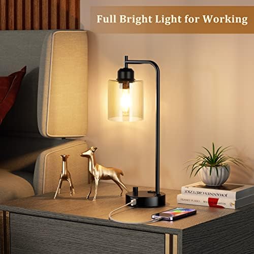 Industrial Bedside Desk Lamps for Bedroom - Grey Smoked Glass Shade Table Lamp with USB C Port, Fully Dimmable Small Lamps with USB Port and Outlet, Reading Nightstand Lamps for Office Living Room - Image 5