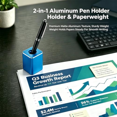 Pen Stand for Desk, 2-in-1 Single Pen Holder & Paperweight, Blue - Image 2