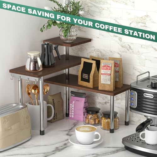 ZHWS Bathroom Counter Organizer for MakeUps, Dresser Table, Kitchen Countertop Organizer Adjustable 3 Tier Corner Shelf with 4 Metal Hooks for Coffee Bar, Spice Rack, Over Sink - Image 4