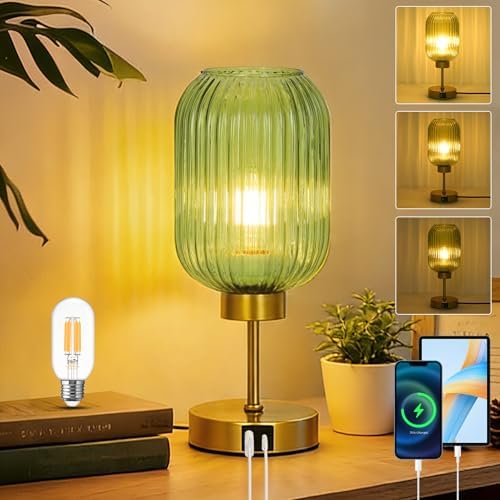 LAMSU Vintage Table Lamp for Bedroom with Bulb, Small Green Glass Beside Lamp with USB Ports, 3 Way Dimmable Gold Desk Lamp, Mid Century Modern Nightstand Lamp for Living Room, Office, Home Decor by LAMSU