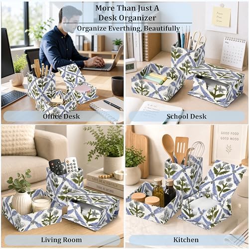 Ridhi Light Steel Blue Block Print Office Desk Organizer Pen & Note Holder - Image 5