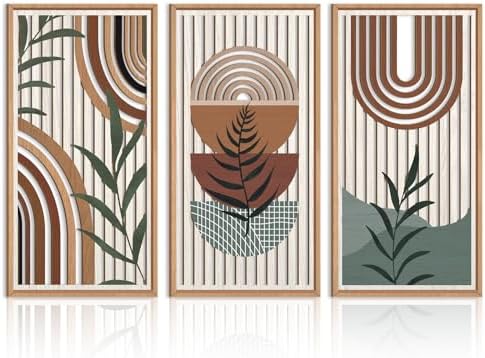 IARTTOP Framed Boho Mid-Century Modern Wood Wall Art 16x32 Inch Large Bohemian Abstract Geometric Wooden Wall Decor Minimalist Brown Green Plant Decor for Bedroom Living Room Dining Room Set of 3 by IARTTOP