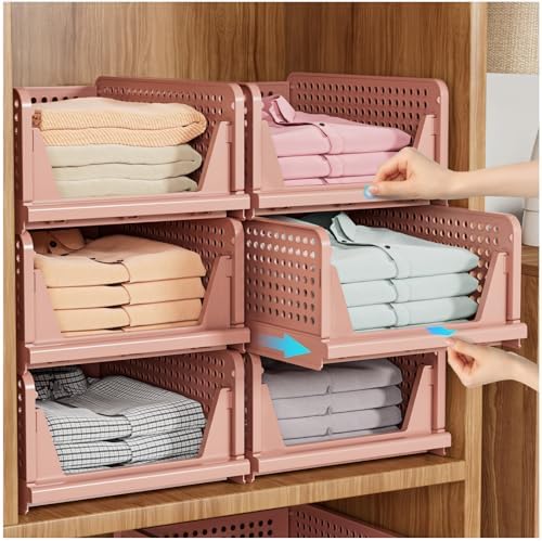 SNSLXH 5 Pack Stackable Closet Organizer Box, Multifunctional & Foldable Closet Storage Basket for Bathroom Kitchen Laundry Room Wardrobe Storage, Space-Saving Clothes Storage Drawer Organizer, Pink by SNSLXH