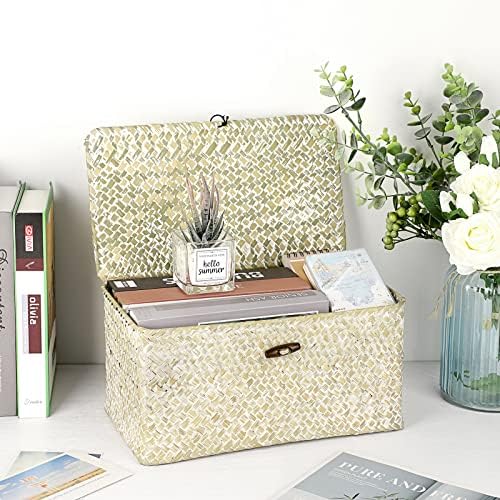 Hipiwe Wicker Shelf Baskets Bin with Lid, Large Seagrass Basket Storage Box - Image 4