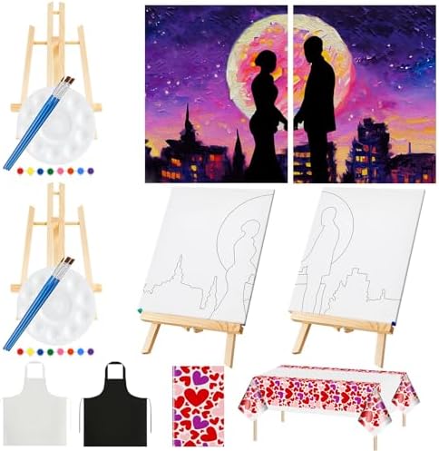 Yeaqee 13 Pcs Sip and Paint Kit for Adults Stretch Canvas Date Night Valentines Painting Kit Supplies Art Painting Set Outline Design Blank Stretch Canvas for Couple Party(Moonlit Couple,8x10) by Yeaqee