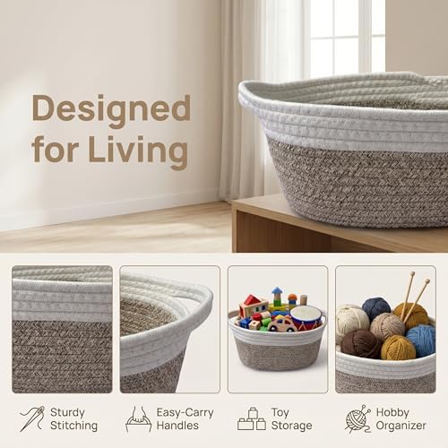 Small Cotton Rope Basket - White Woven Storage Basket with Handles, Desktop Organizer for Keys, Remotes, Makeup, Soft Decorative Bin for Bathroom, Office Shelf (White/Hemp Brown) - Image 5