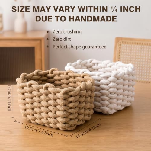 Tiny Basket 2 Pack Handwoven Cotton Rope Storage Bins, Small Baskets for Gifts, White & Light Brown, 7.7x5.1x6.1 Inch, Minimalist Boho Decor for Vanity Desk Bathroom Bedroom Organizer - Image 2