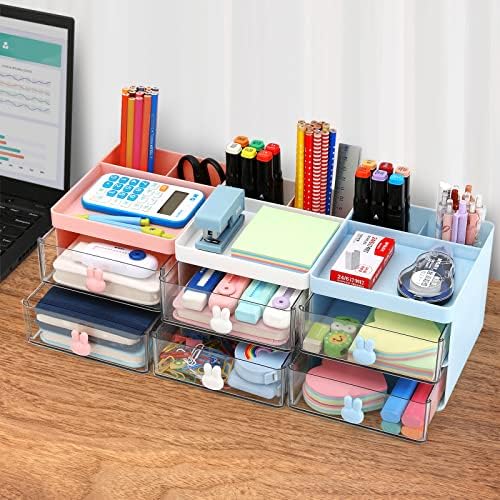 LETURE Small Desk Organizer With Drawer, Office Desktop Storage Box, Business Card/Pen/Pencil/Mobile Phone/Stationery Holder Storage Box, Makeup Organizer for Office School Home (Pink) - Image 4