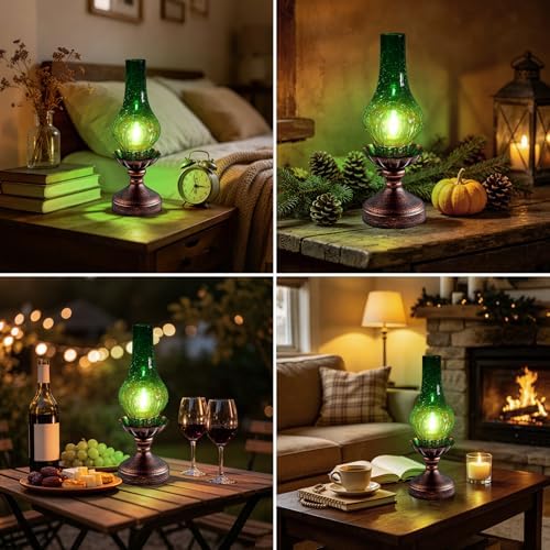 Vintage Table Lamp with Green Crackle Glass Shade,Touch Control & 3-Way Dimmable Rustic Retro Farmhouse Bedside Lamp for Bedroom, Living Room, Cabin, Office (2700K LED Candle Bulb Included) - Image 3
