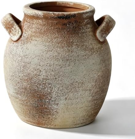 Vintage Ceramic Vase with Handle, 7 Inch Farmhouse Rustic Pot, Retro Table Centerpiece for Coffee Desk, Living Room Bookshelf & Fireplace Dining Room Mantel Decor by Zipper