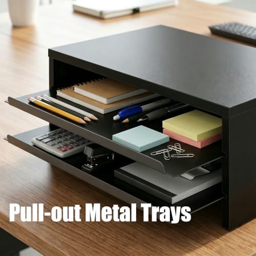 Fenge 14.3-Inch Monitor Stand with Slide-Out Trays, Wood & Metal Desk Shelf - Image 4