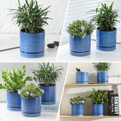 HASENSE Ceramic Plant Pots with Saucers Set of 4, 4.6 Inch Planters for Indoor Plants with Drainage Holes,Blue Flower Pots for Snake Plants & Cactus, Modern Farmhouse Windowsill & Tabletop Decor - Image 3