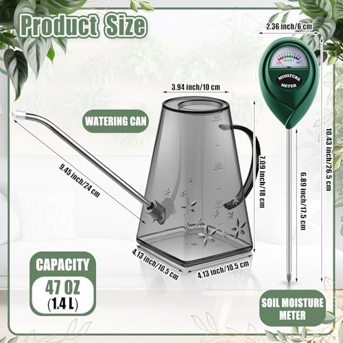 Plants Watering Can for Indoor Plants with Long Stainless Steel Spout & Soil Moisture Meter Long Spout Watering Cans for House Plant, Pot Flower, Succulent, Garden(Gray,1.4 L,Trapezoid) - Image 2