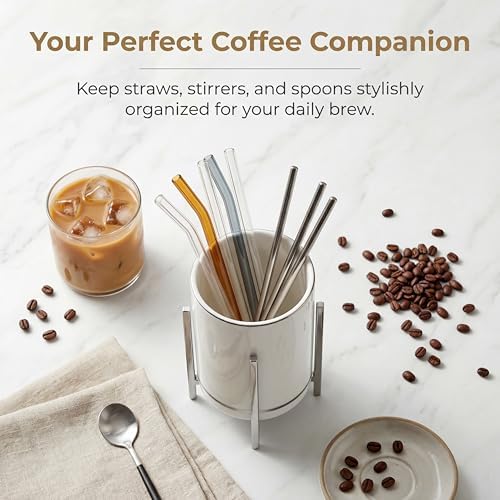 Desk Ceramic Pencil Cup with Metal Legs, Ceramic Pencil Cup, Black and White Pen Holder Cup for Office, Desk Decor for Women Girls, Cute Makeup Brushes Holder - Image 4