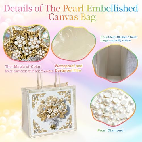 Xylzzuit DIY Pearl Painting Canvas Tote Bag Kit 11.42IN Diamond Art Handbag for Women Shopping Grocery Bag Dots Beads Art Craft Gift (Flower01) - Image 3