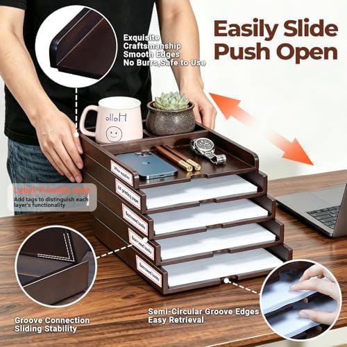 5-Tier Solid Wood Desk File Organizer, Paper Letter Tray Home and Office - Image 3