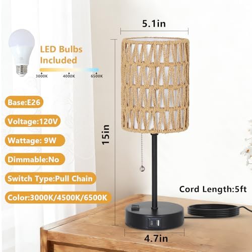 Rattan Bedside Table Lamps Set of 2 - Boho Lamps With 3 Color Temperatures & USB AC Port, Pull Chain Table Lamp For Bedroom, Cute Small Lamp For Nightstand Office Desk Bed Side End Table Living Room - Image 3