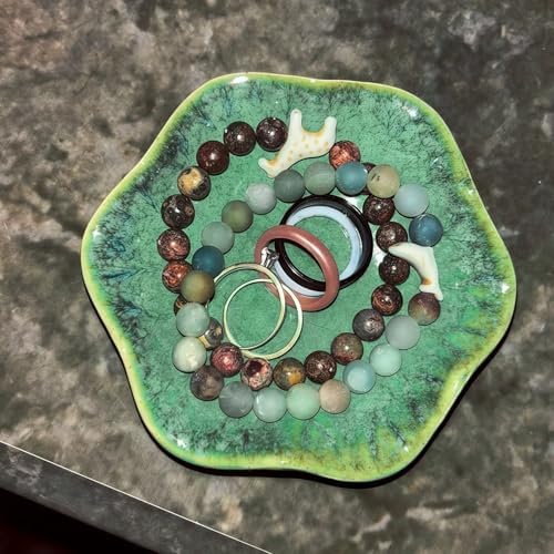 2Pcs Ceramic Jewelry Dish - Lotus Leaf Shape, for Ring Holder Necklace Small Key, Suitable for Mother Friend Sister, Gifts for Women, Cute Plate Trinket Tray, Home Decor (Crystal Green & Blue) - Image 3