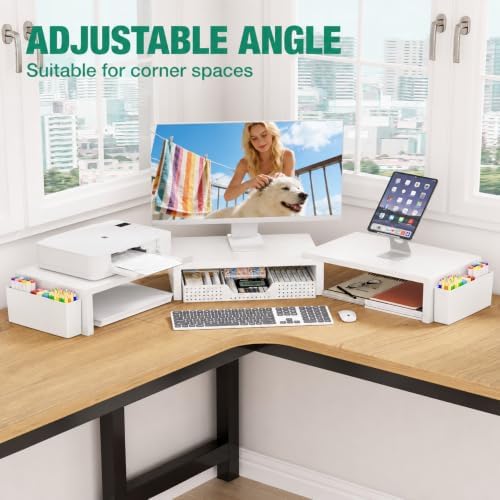 OPNICE Desk Organizer and Accessories, Computer Monitor Stand Riser with Drawer and 2 Pen Holders, Laptop Stand, Office Desk Accessories for Office Supplies, White - Image 7