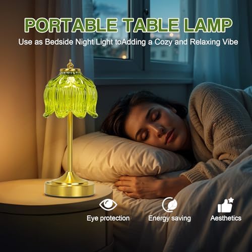 Cordless Table Lamp, Rechargeable Green Glass Lotus Flower Lamp - Image 6