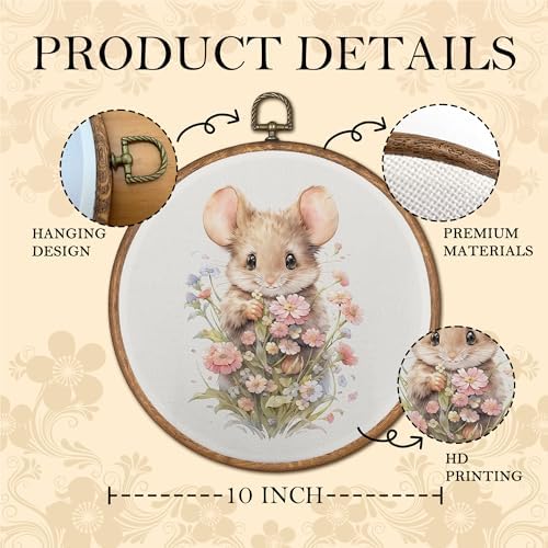 OFJE Pink Floral Mouse Nursery Wall Art Decor, Farmhouse Spring Cute Mouse Animal Round Wall Hanging Decor, Pastel Flower Framed Canvas Prints for Nursery Kids Bedroom Home Decorations, 10x10 Inch - Image 6