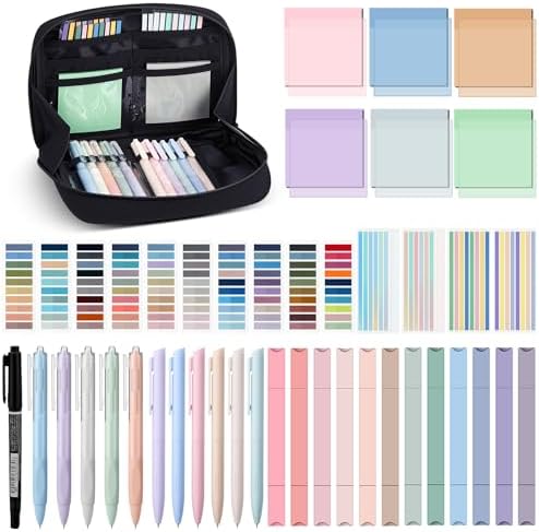 135 Pcs Book Annotation Kit Aesthetic Pencil Case Bag 12 Highlighter 11 Gel Pen 1 Marker 300 Sheet Transparent Sticky Notes Pad 2640 Index Stickers Bible Study Supplies(Kawaii,Black) by Trandraft