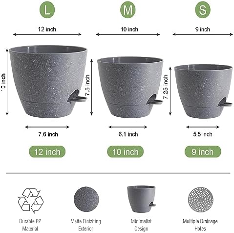 UOUZ Large Self Watering Pots, 12/10/9 Plastic Planters with High Drainage Holes and Deep Reservoir for Indoor Outdoor Garden Plants and Flowers, Grey Speckles - Image 2
