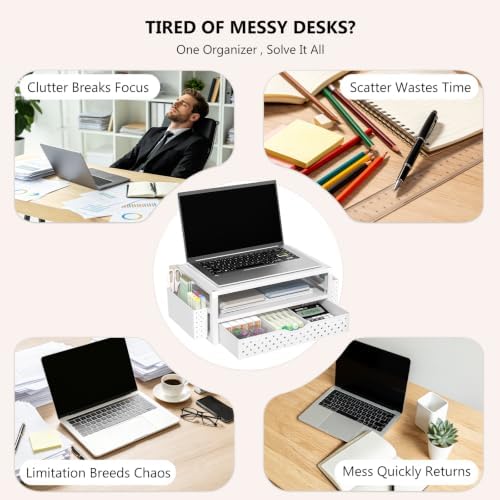 WALI Desk Organizer with Drawer and Pen Holder, 3 Tier Computer Monitor Stand for Home Office Supplies, Laptop Stand Riser for Computer, Laptop, Printer(PTT004-W), 1 Pack, White - Image 6