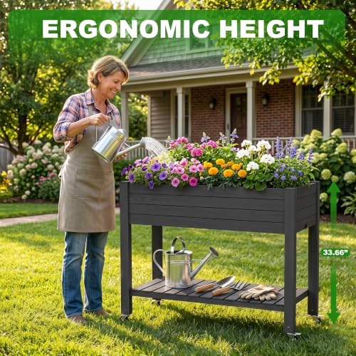 Elevated Resin Raised Garden Bed, 33.7in Height Raised Planter Box with Drainage Holes, Lockable Rotating Wheels & Bottom Storage Shelf, Stake Support, Easy Assembly for Patio Lawn Backyard Balcony - Image 6