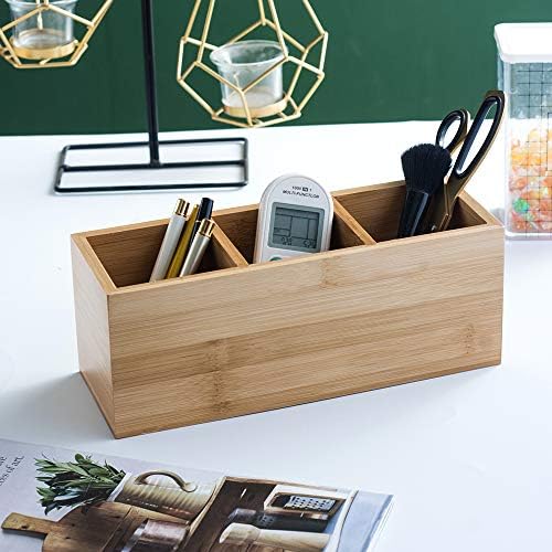 Bamboo Wood Pens Pencils Holder Cup for Desk Remote Control Holder, Caddy,Organizer,Desktop Storage with 3 Compartments,Makeup Brush Holder,Silverware Caddy for Party,Office Supplies (3 Grid) - Image 2