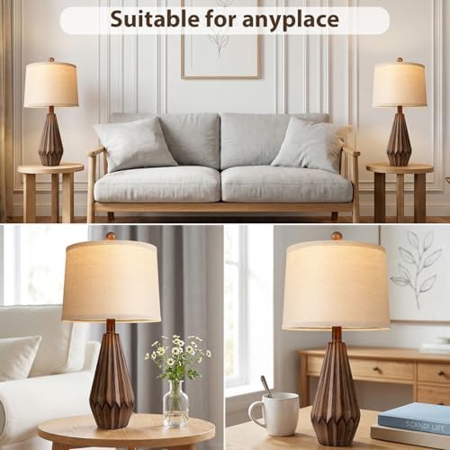 Hamucd 22” Set of 2 Modern Farmhouse Lamp for Living Room, Rustic Resin Beside Table Lamps with Linen Shade, Vintage Lamps for Nightstands Bedroom Entryway Decor - Image 2