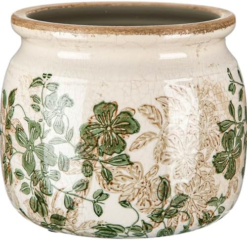 Vintage Planter Large Ceramic Plants Pot Beige Green Leaves Pot by Unknown