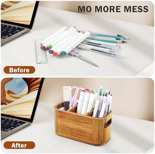 Acacia Pencil Pen Holder for Desk, Wooden Office Organizer with 3 Slots for Countertop, Makeup Brush Holder Remote Control Organizer for School Home Supplies - Image 5