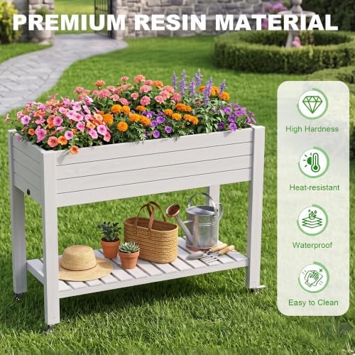 Elevated Resin Raised Garden Bed, 33.7in Height Raised Planter Box with Drainage Holes, Lockable Rotating Wheels & Bottom Storage Shelf, Stake Support, Easy Assembly for Patio Lawn Backyard Balcony - Image 3