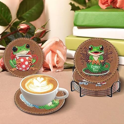 Clendo 8 PCS Coffee Frog Diamond Art Coaster Kits with Holder - Diamond Painting for Adults Beginners - 5D Gem Art Dots Paintings with Cork Pads - Crafts Supplies - Image 6